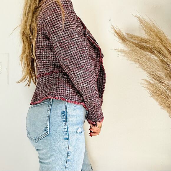 WHBM Pink Black Red Tweed Woven Peplum Ruffle Fringe Moto Zip Blazer Jacket 4 - Picture 12 of 15
